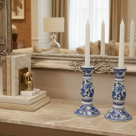 Imperial Blue Dynasty Candle Stand ~ Set of 2