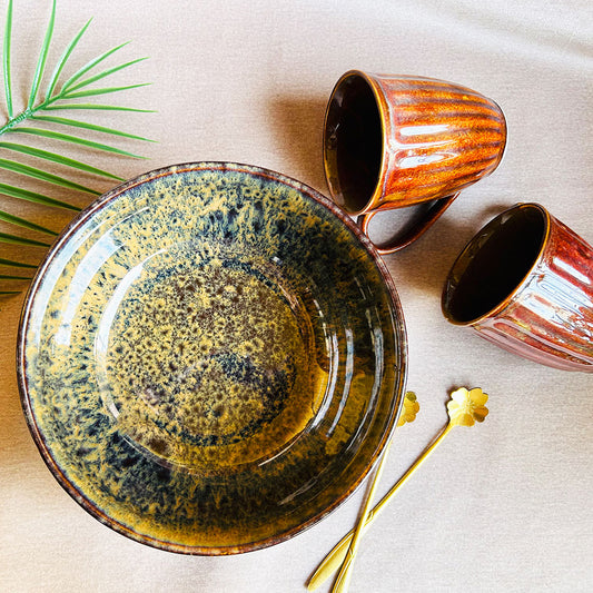 Brown Mugs & Bowl Set