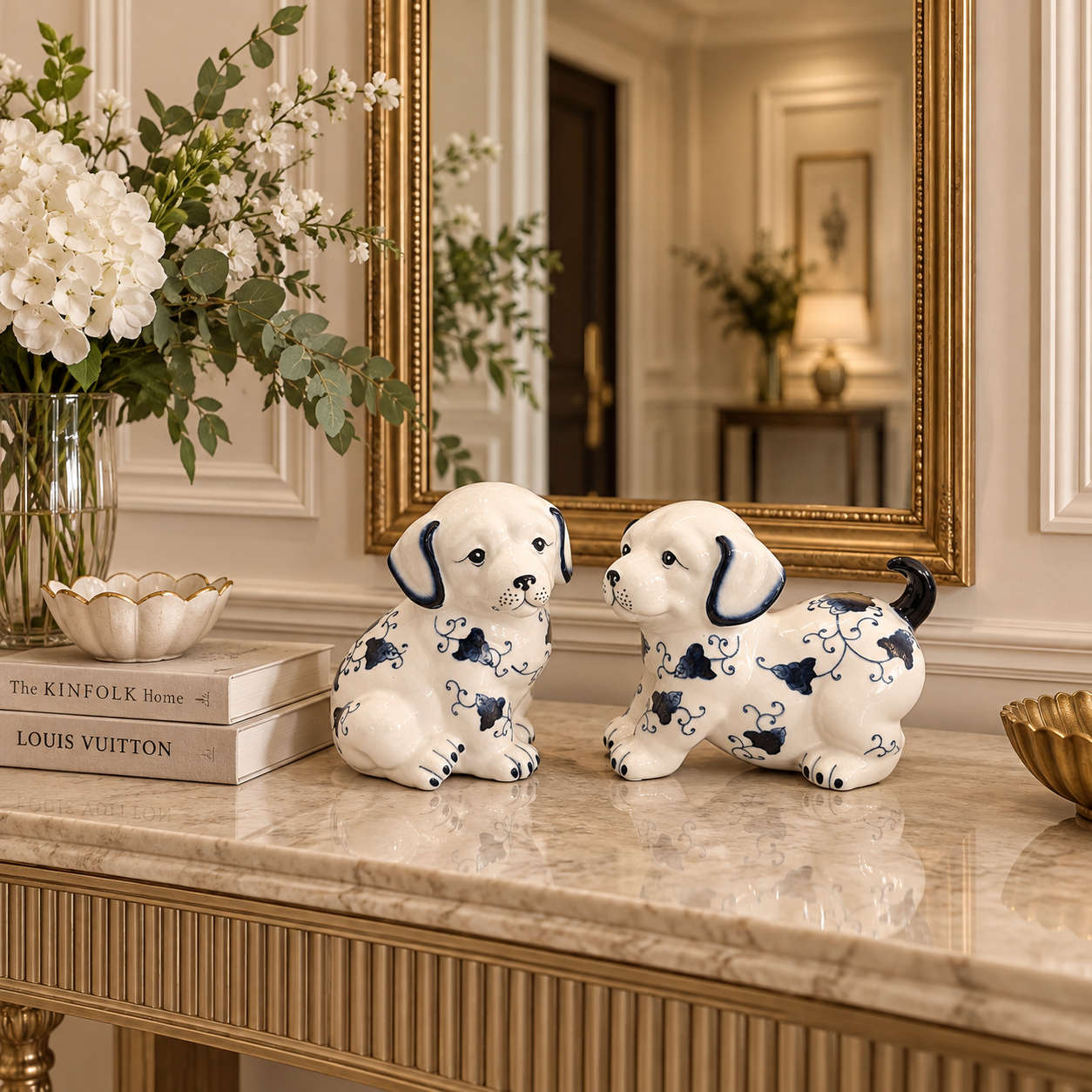 Royal Paws ~ Blue & White Porcelain Dog Set